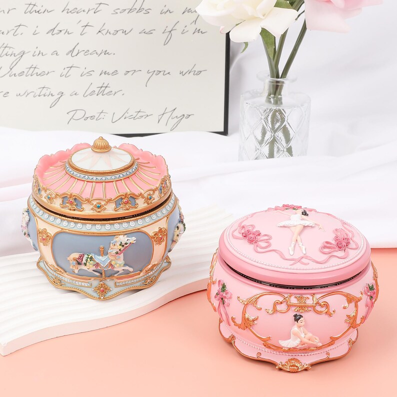 Personalized light up carousel music box, custom engraved ballet girl