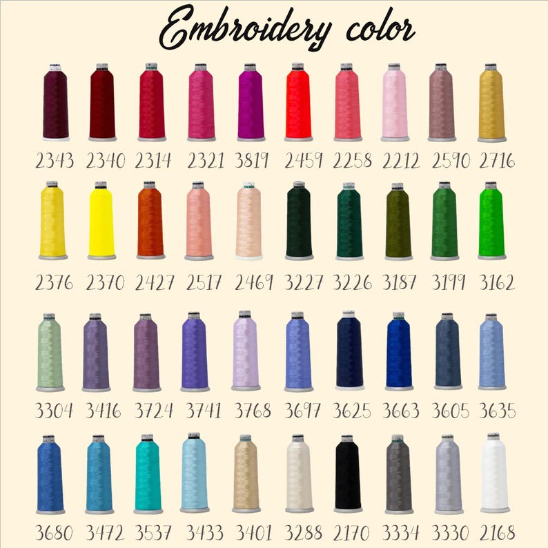 Op de afbeelding: Een kaart met borduurgaren spoelen met kleur nummers. De kleuren omvatten rood, roze, geel, groen, blauw, paars, bruin, zwart, wit en grijs.