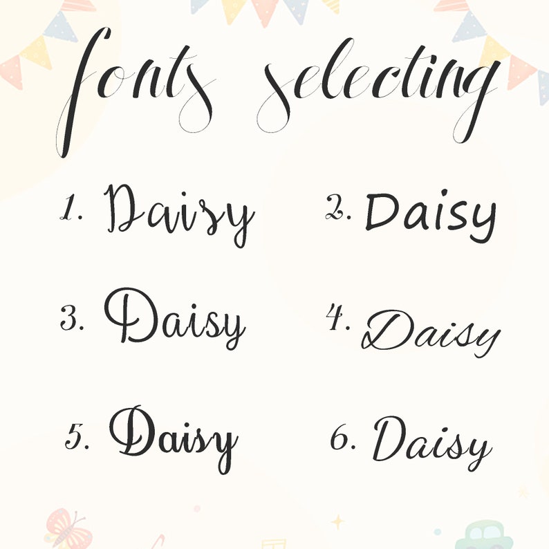 May include: A graphic design image showing six different font styles for the word "Daisy" numbered 1 through 6. The image has a light blue background with a colorful banner at the top and bottom.