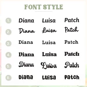 K&ouml;nnte beinhalten: Sechs verschiedene Schriftstile f&uuml;r die Namen Diana, Luisa und Patch. Jeder Name wird in einem anderen Schriftstil angezeigt, nummeriert von 1 bis 6.