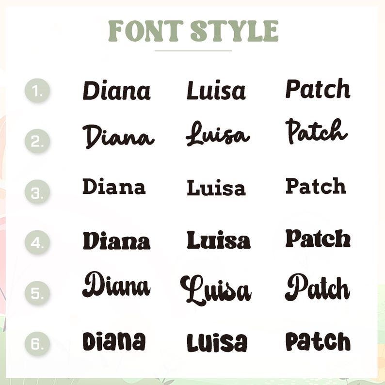 K&ouml;nnte beinhalten: Sechs verschiedene Schriftstile f&uuml;r die Namen Diana, Luisa und Patch. Jeder Name wird in einem anderen Schriftstil angezeigt, nummeriert von 1 bis 6.