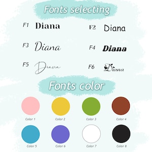Pu&ograve; includere: Un grafico che mostra sei diversi stili di font per il nome "Diana" in testo nero. Sotto i font ci sono otto campioni di colore: rosa, giallo, verde, marrone, blu, viola, bianco e nero.