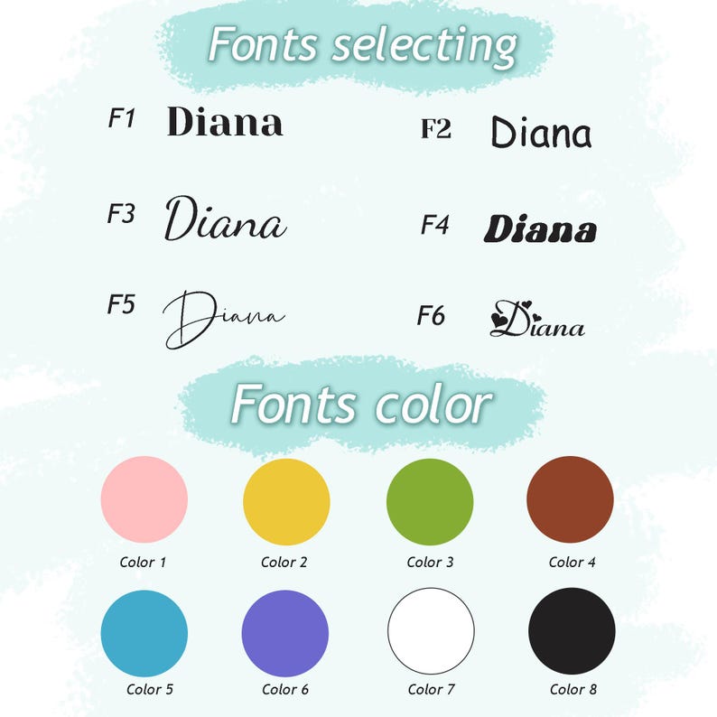 Pu&ograve; includere: Un grafico che mostra sei diversi stili di font per il nome "Diana" in testo nero. Sotto i font ci sono otto campioni di colore: rosa, giallo, verde, marrone, blu, viola, bianco e nero.
