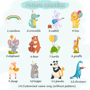 Pu&ograve; includere: Un grafico con 12 illustrazioni colorate di animali, ognuno con un motivo diverso. Gli animali includono un arcobaleno, un coccodrillo, un coniglio, un leone, un elefante, un orso, una tartaruga, una giraffa, una pecora, un ippopotamo, un panda e un dinosauro. Il grafico include anche il testo "Selezione del modello" e "13. Nome personalizzato solo (senza modello)".