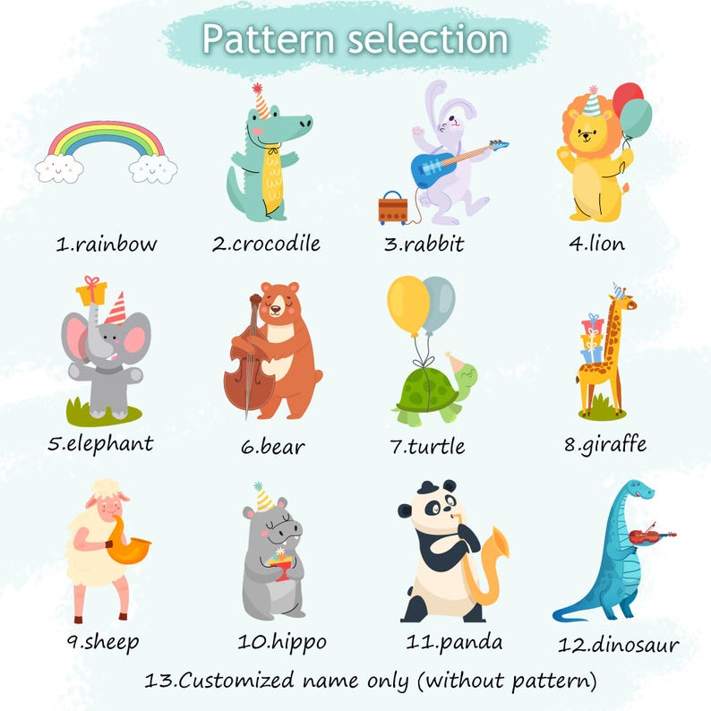 Pu&ograve; includere: Un grafico con 12 illustrazioni colorate di animali, ognuno con un motivo diverso. Gli animali includono un arcobaleno, un coccodrillo, un coniglio, un leone, un elefante, un orso, una tartaruga, una giraffa, una pecora, un ippopotamo, un panda e un dinosauro. Il grafico include anche il testo "Selezione del modello" e "13. Nome personalizzato solo (senza modello)".