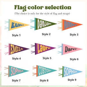 K&ouml;nnte beinhalten: Neun verschiedene Wimpeldesigns mit verschiedenen Farbkombinationen und Text. Der Text enth&auml;lt Namen wie "Kaida", "Danja", "Kennedy", "Emily", "Laura", "Darcy" und "Sophia". Die Wimpel sind mit "Style 1" bis "Style 9" gekennzeichnet.