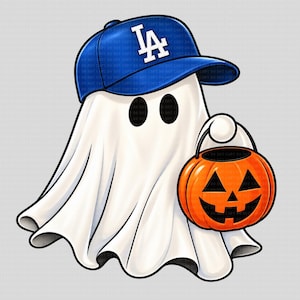 May include: A cartoon illustration of a white ghost wearing a blue baseball cap with the white letters LA on the front. The ghost has two black oval eyes and is holding an orange jack-o'-lantern pumpkin bucket with a black face design.