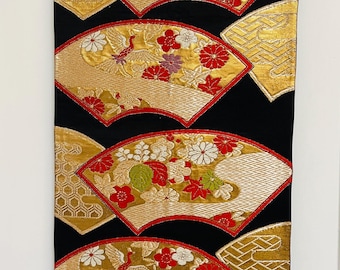 Japanese obi wall hanging, woven fans and flowers, silk, vintage 1970s