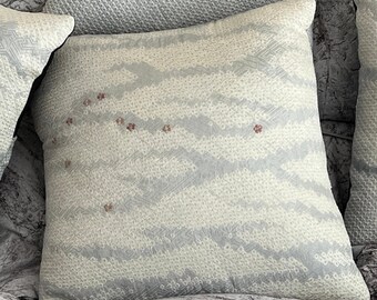 Shibori Silk Kimono Cushions: Pair of cushions, pale blue with white tie dye knots