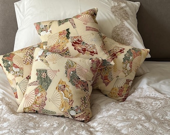 Vintage Kimono Silk Cushion:  Pair of Japanese Fan Cushions, 14" x 14"