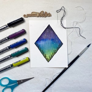 Original Watercolor and Embroidery | Night Sky Diamond | 4.5”x5.75”