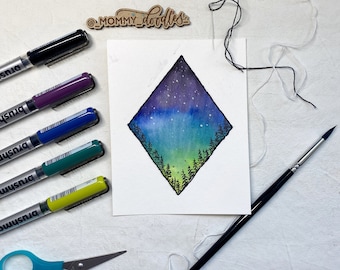 Original Watercolor and Embroidery | Night Sky Diamond | 4.5”x5.75”