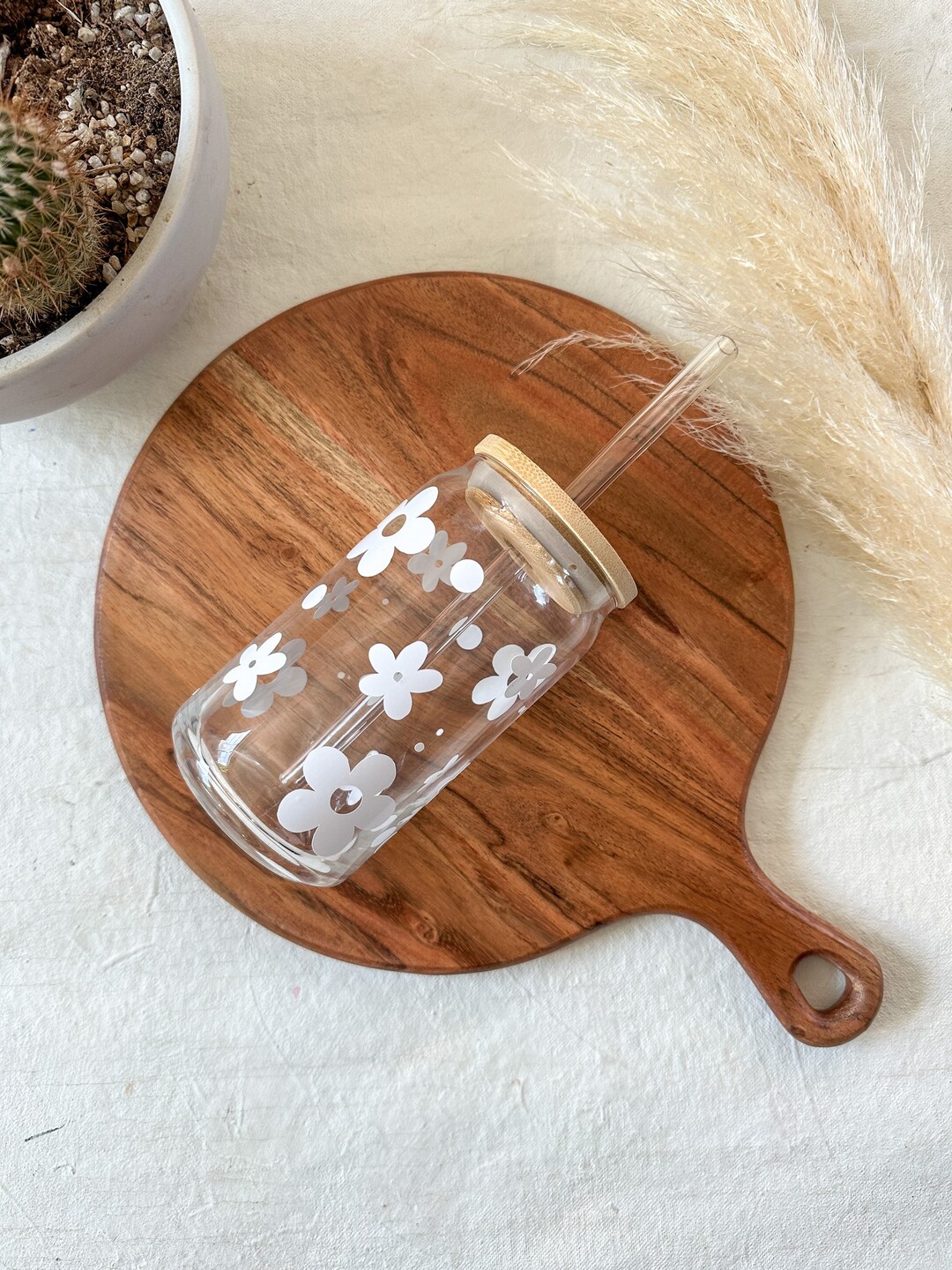 Flower Iced Coffee Cup Daisy Can Glass Boho Flower Glass Cup Floral