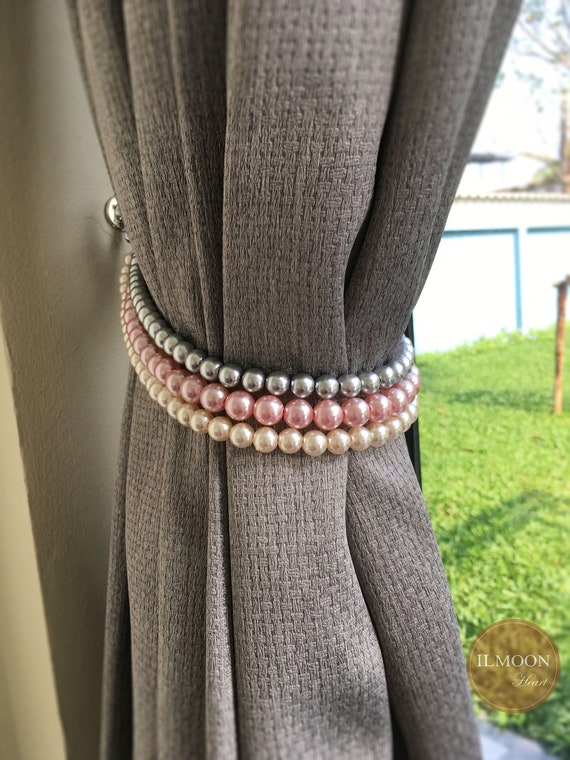 Pairx2 Pink Gray Gold Curtain Tie Backs Shabby Chic Etsy