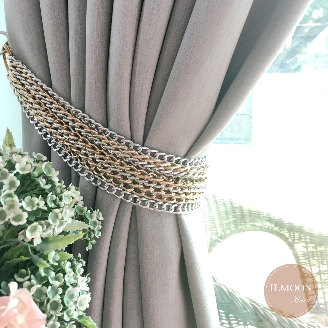 Gray and Gold Curtain Tie Backs / Modern Chain Tieback / Light Etsy