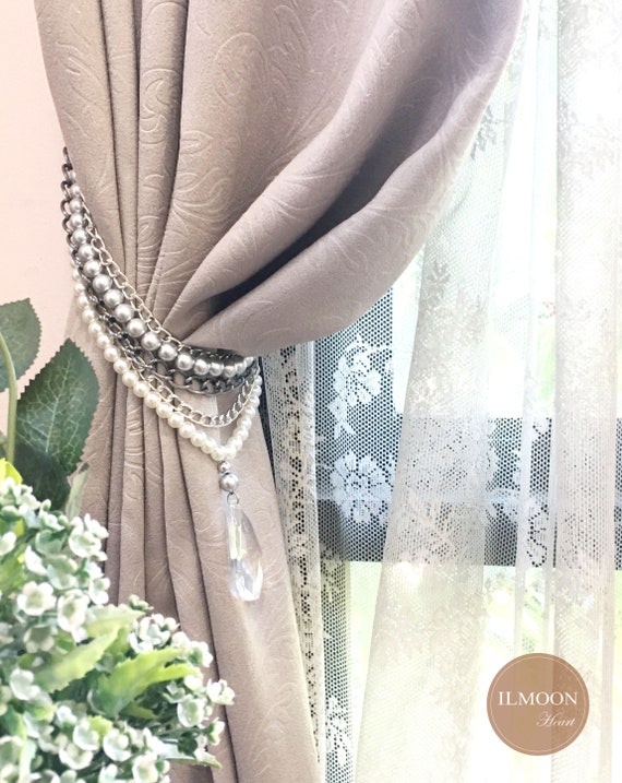 1 Pair Curtain Tie Backs Tiebacks Silver Plated Flower Decor Faux Silk Tassels 