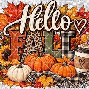 Op de afbeelding: Een grafisch ontwerp met de tekst Hello Fall en een hartje, omringd door herfstbladeren, zonnebloemen en rode bessen. Het woord Fall is gestileerd met oranje, luipaardprint, groene en zwart-geruite patronen, met pompoenen en een koffiebeker.
