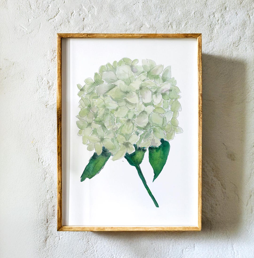 White Hydrangea Watercolor Print | Botanical Wall Art | Instant Digital ...