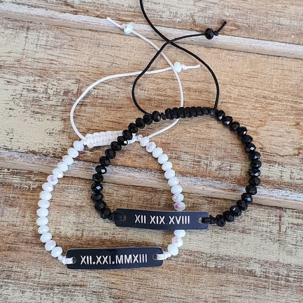 Set of 2 Personalized Roman Numerals Bracelets, Custom Engraved  Beaded Bracelet, Black Stamped ID, Couples Matching Set, His and Hers Gift