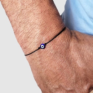 Blue Evil Eye Bracelet for Man, with Black Adjustable String, Protection Good Luck Dainty Bracelet with Evil Eye Charm, Gift for Boyfriend