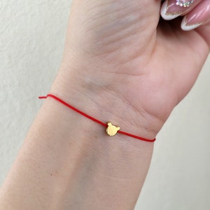 Puede incluir: Un brazalete de cuerda roja con un pequeño dije de oso de oro.