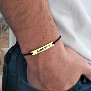 Personalized Men Bracelet, Gold Plated Engraved Plate Name Bracelet for Him, Couples Gift for Him, Man Adjustable String ID Bracelet