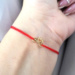 Minimalist Bicycle Bracelet, 18 K Gold Plated Bike Charm Bracelet with Adjustable Kabbalah String, Bike Rider Gift