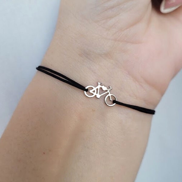 Minimalist Bicycle Bracelet, Platinum Plated Bike Charm Bracelet with Adjustable Kabbalah String, Bike Rider Gift