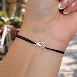 Minimalist Bicycle Bracelet, Platinum Plated Bike Charm Bracelet with Adjustable Kabbalah String, Bike Rider Gift