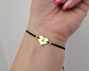 Gold Heart Personalized Bracelet with 18K Gold Plated Heart Charm Engraved with Initial Perfect Gift for Couples, Best Friends, Bridesmaids