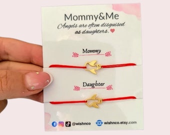 Mommy and Me Angel Bracelets, Matching Set of 2 for Mother and Daughter Gift, 18K Gold Plated Angel Charms with Adjustable String