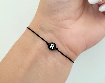 Initial Bracelet, Minimalist Black Letter Bracelet, Adjustable String, Boyfriend Girlfriend Best Friend Bracelet, Monogram Couples Gift