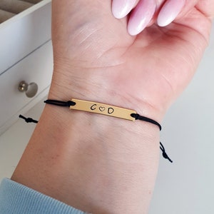 Personalized Bracelet Engraved with Initials and Heart, Gold Plated Bar Couples Bracelet, Monogram, Adustable Cord, Boyfriend Lovers Gift