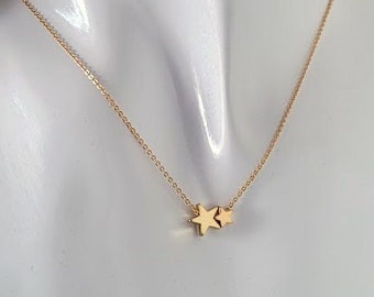 Tiny Star Necklace, Dainty Two Stars Gold Plated Pendant Necklace, Girlfriend Gift, Bridesmaid Gift, Minimalist Delicate Gold Star Jewelry