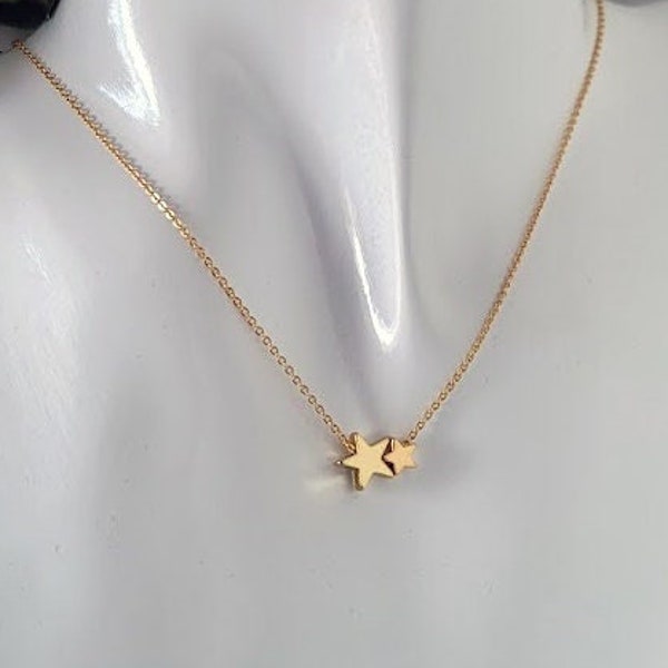 Tiny Star Necklace, Dainty Two Stars Gold Plated Pendant Necklace, Girlfriend Gift, Bridesmaid Gift, Minimalist Delicate Gold Star Jewelry