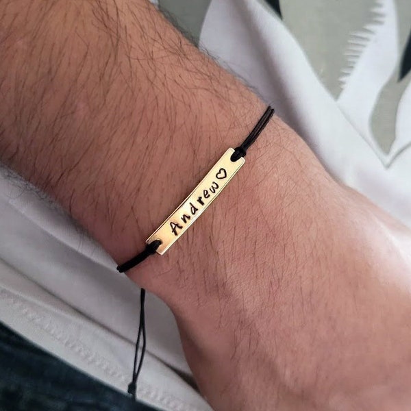 Personalized Men Bracelet, Gold Plated Engraved Plate Name Bracelet for Him, Couples Gift for Him, Man Adjustable String ID Bracelet