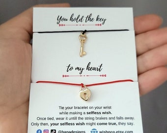 Key and Heart Lock Couples Bracelets with Message Card, Adjustable String, His and Hers Matching Set of 2, Couples Gift, Gold plated charms