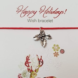 Holly leaves kerst armband, kous stuffers, charme armband, kerstcadeau, wens armband, vakantiekaart, holly bladeren, verstelbaar