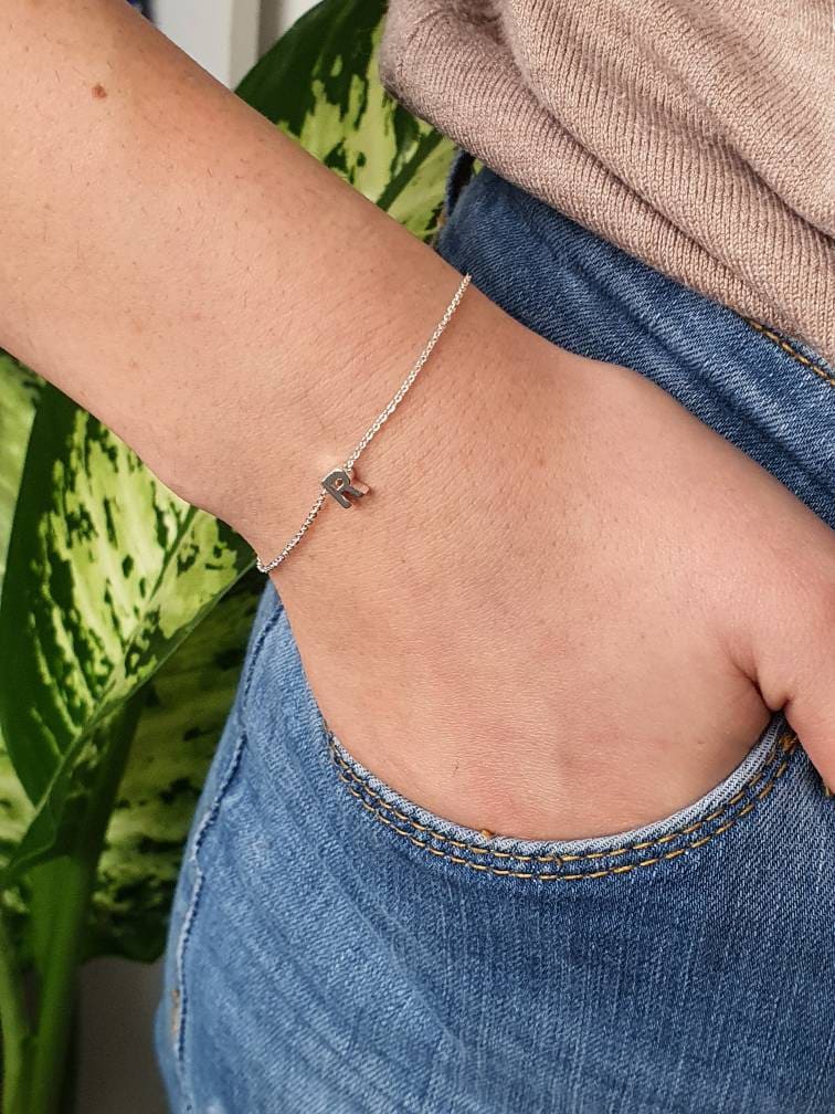 Initial Bracelet, Tiny Initial, Silver Plated, Dainty, Monogram, Lett…