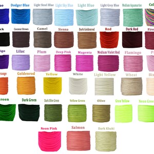 May include: A color chart displaying a variety of cord colors. The chart includes shades of blue, black, brown, red, pink, orange, yellow, green, and neutral tones. Each color is labeled with its name, such as "Blue," "Red," and "Neon Pink."