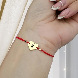 Personalized Gold Heart Bracelet, Engraved Initial, Custom Name, Adjustable String Bracelet, Couple Gift, Best Friend