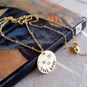 Girl Boss Necklace, Gold plated, Engraved Necklace, Name Necklace, Dainty, Personalized, Wedding Gift, Bridesmaid Gift, Coin Pendant
