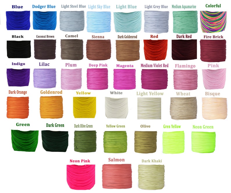 May include: A color chart displaying a variety of cord colors. The chart includes shades of blue, black, brown, red, pink, orange, yellow, green, and neutral tones. Each color is labeled with its name, such as "Blue," "Red," and "Neon Pink."