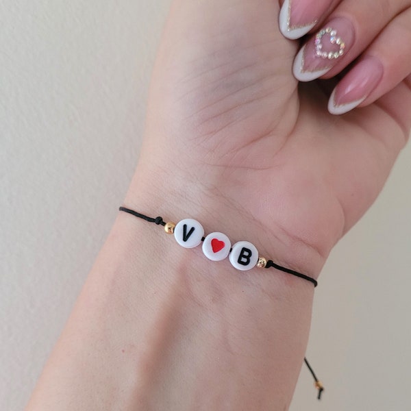 Custom Initial Bracelet, Acrylic Black Letter and Red Heart, Adjustable String, Couples bracelet, BFF, Monogram Couples Lovers Gift