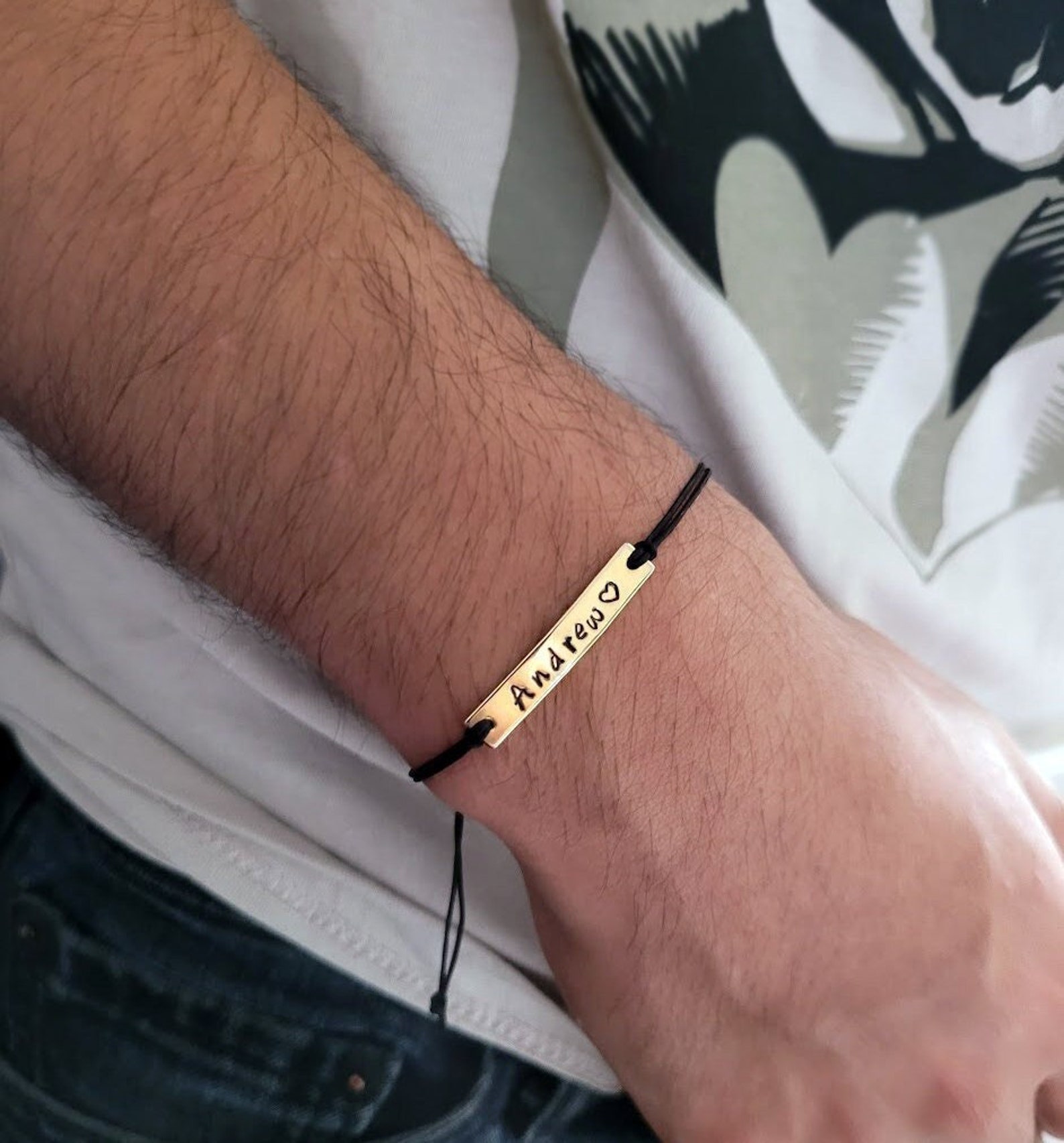 Personalized Men Bracelet Gold Plated Engraved Plate Name Etsy