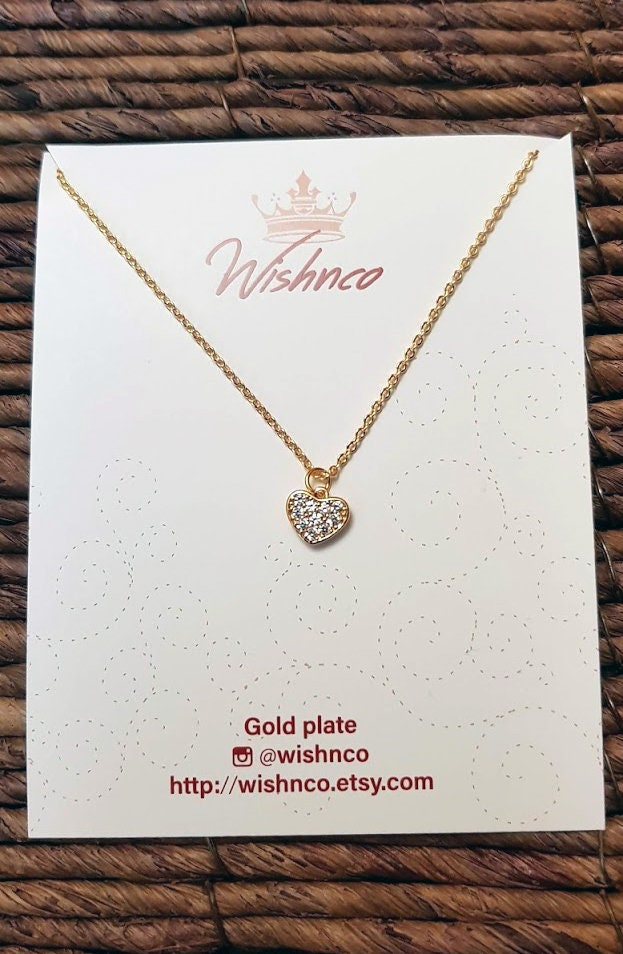 Heart Pendant Necklace, Gold Plated, CZ Pendant, Gold