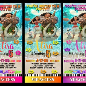 MOANA Birthday Ticket Invite for Girls (hot pink-orange, pink-purple, and yellow-orange)