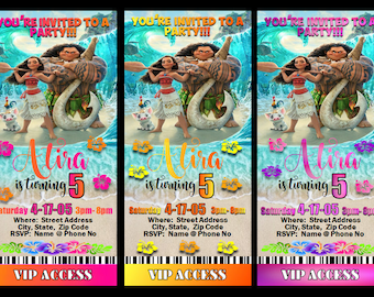 MOANA Birthday Ticket Invite for Girls (hot pink-orange, pink-purple, and yellow-orange)