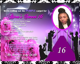 DIGITAL SWEET 16 Celebrity Themed Party Invitation, (purple, pink, black, white)