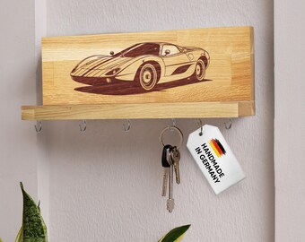Key board wood with storage hook sports car engraving personalizable gift key holder board inauguration wall mounting decoration oak
